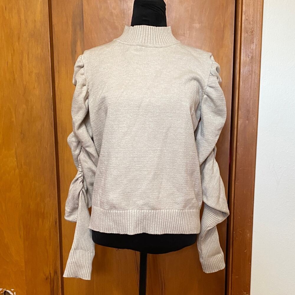 Cream Rachelle Pullover Mock Turtleneck Sweater Ruched Puff Sleeves Long Ribbed